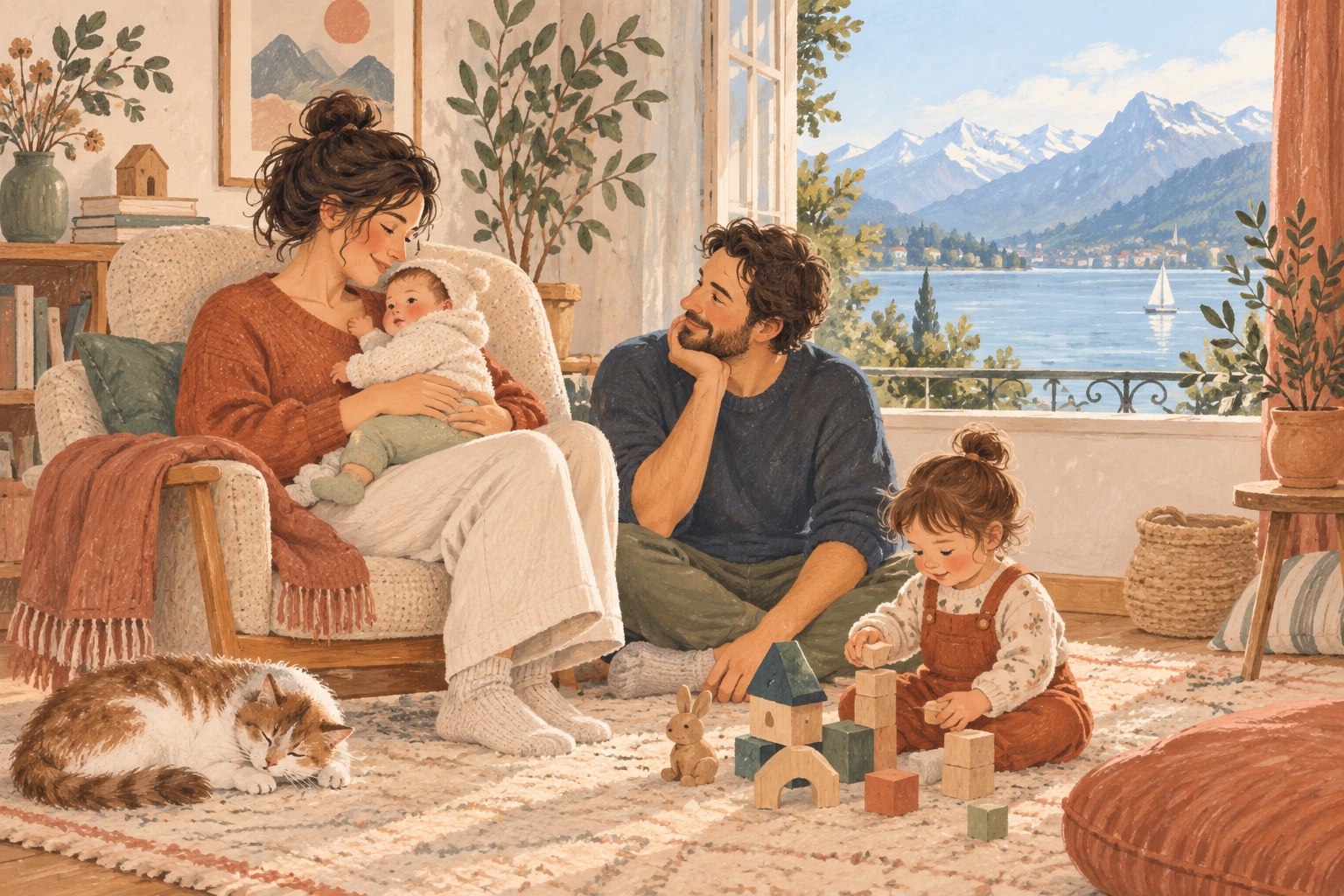 Illustration d’une famille réunie dans une pièce chaleureuse, avec un lac et des montagnes à la fenêtre