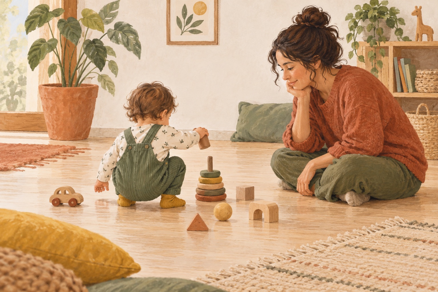 Un jeune enfant explore des jouets en bois près d’un adulte attentif.