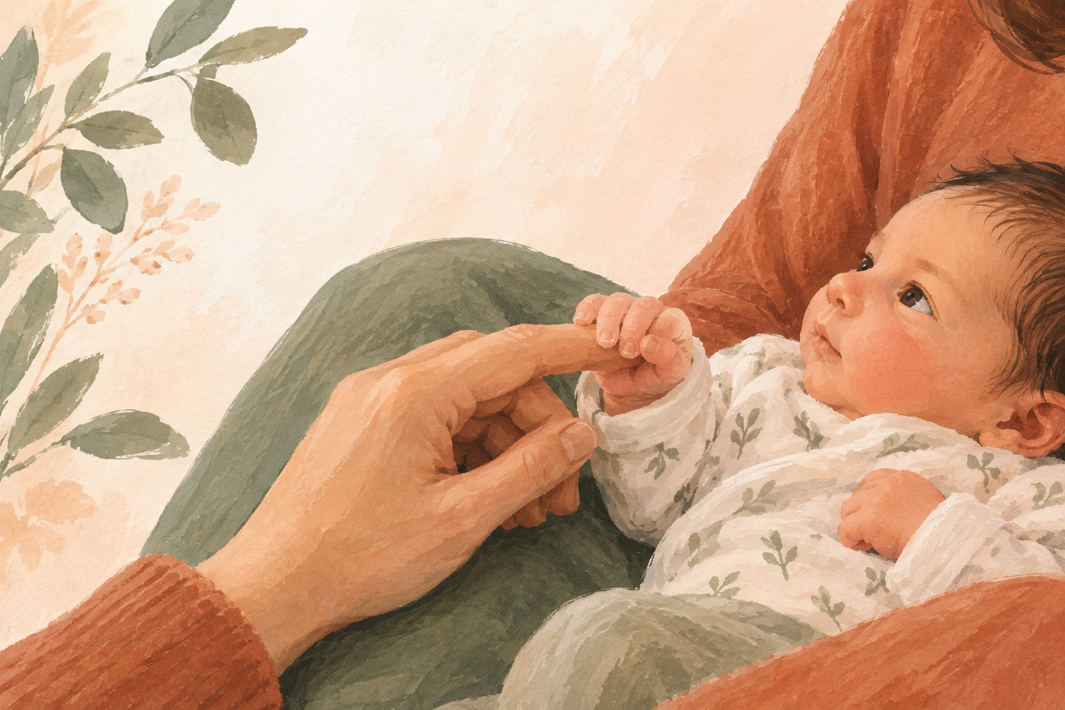 Un nouveau-né éveillé tient le doigt d’un parent.