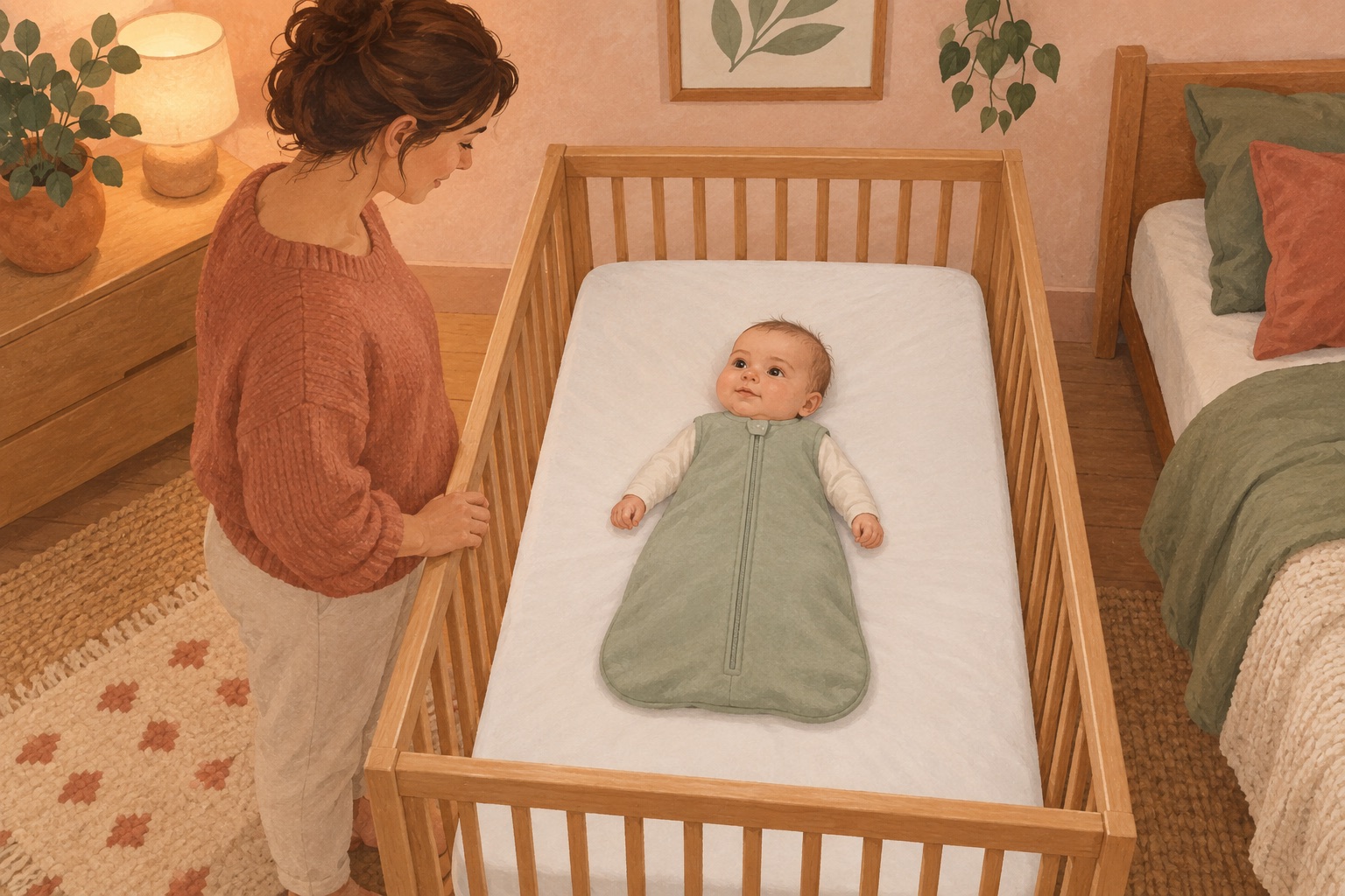 Un bébé sur le dos dans une gigoteuse, dans un lit dégagé, près d’un parent.